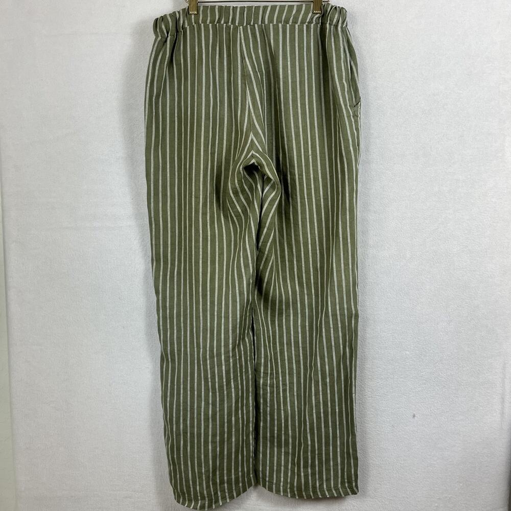 100% Lin Blanc Drawstring Linen Trousers Women's 38 Olive Green & White Striped - Picture 5 of 11
